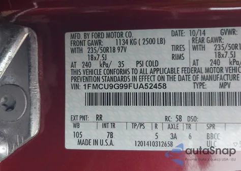 2015 Ford Escape Se from USA, damaged, VIN 1FMCU9G99FUA52458